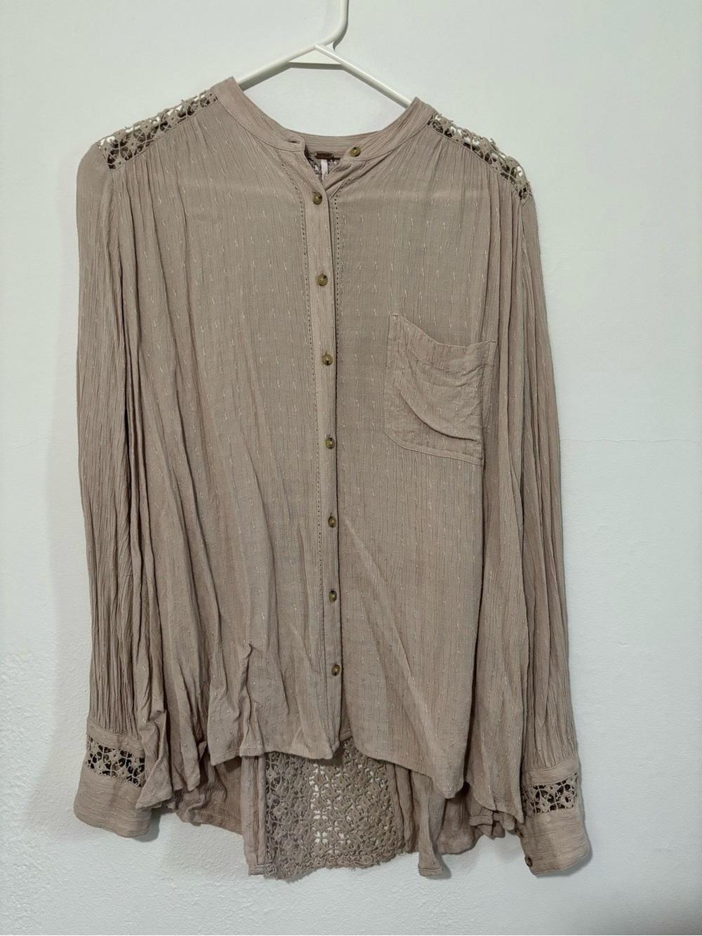 Free People Taupe Button-Front Crochet Accent Blouse